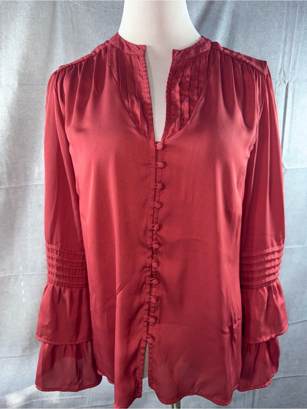 3112-Soft Surroundings Deep Red Button-Front Tiered Sleeve Blouse